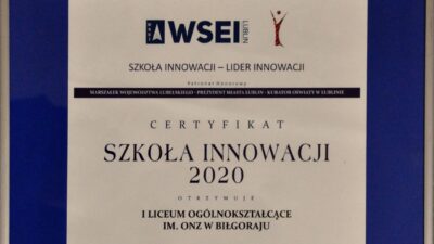 17 września 2020 – Nasza szkoła wyróżniona w konkursie „Szkoła Innowacji 2020”